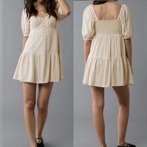 New American Eagle Women's Sz XXL Beige Linen Puffy Sleeve Milkmaid Mini Dress